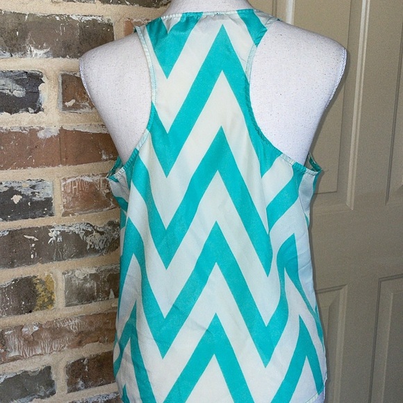 TIMING Mint Turquoise & Ivory Cream Zigzag Chevron Racerback Tie Waist Tank Sz L - Picture 5 of 10